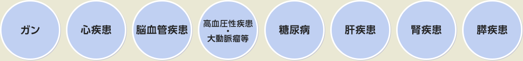 ガン 心疾患 脳血管疾患 高血圧性疾患・大動脈瘤等 糖尿病 肝疾患 腎疾患 膵疾患