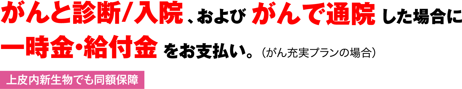 がんと診断/入院、およびがんで通院した場合に一時金・給付金をお支払い。（がん充実プランの場合）